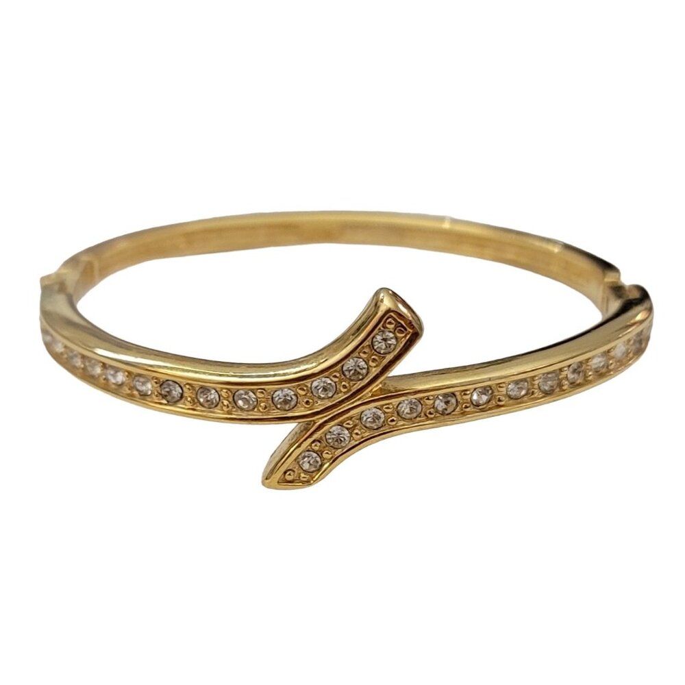 Vintage Napier Gold Tone Hinged Tongue Clasp Clear Rhinestone Bracelet 7”L, K456